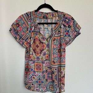 Democracy Patterned Flutter Sleeve Blouse